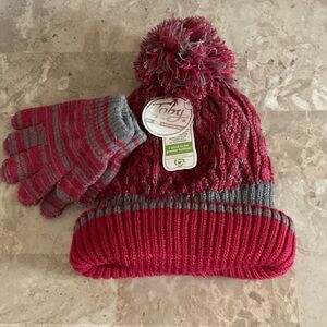 TOBY  Red and Gray Knit Hat & Gloves Set S